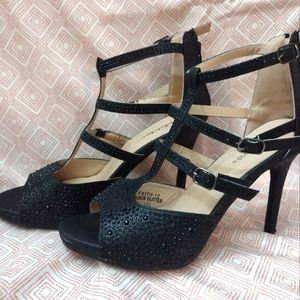 Black Rhinestone Strap Heels